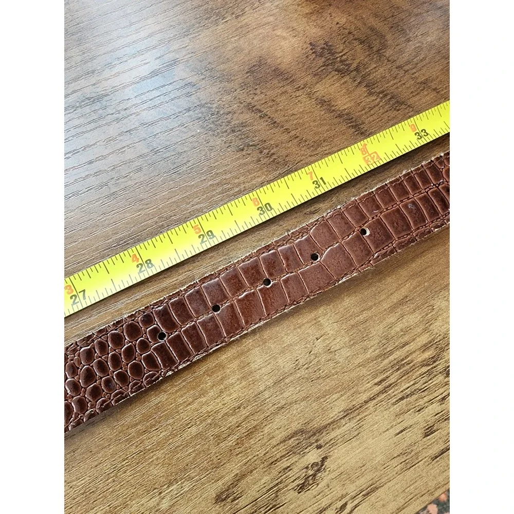 Womens Crocodile Embossed Belt Square Gold Brass Buckle Heritage Classic Small